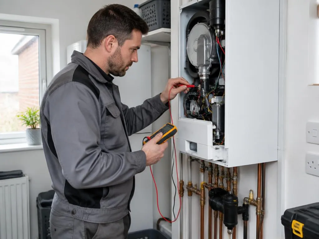 Engineer diagnosing a boiler fault, emergency repair in Hampshire