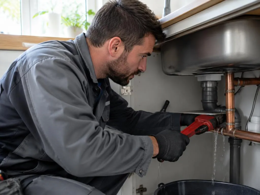 Engineer repairing a burst or leaking pipe, emergency plumbing in Hampshire