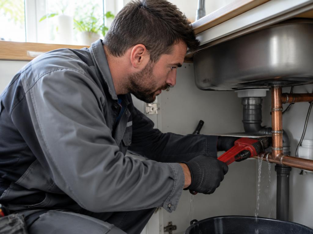 Engineer repairing a burst or leaking pipe