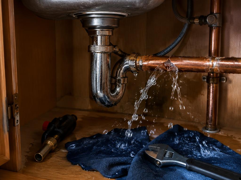 Water leaking from a burst pipe under a kitchen sink