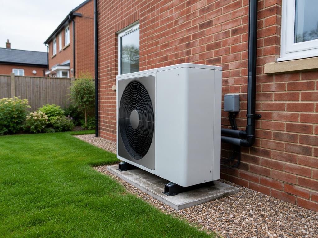 An air source heat pump installed outside a brick home