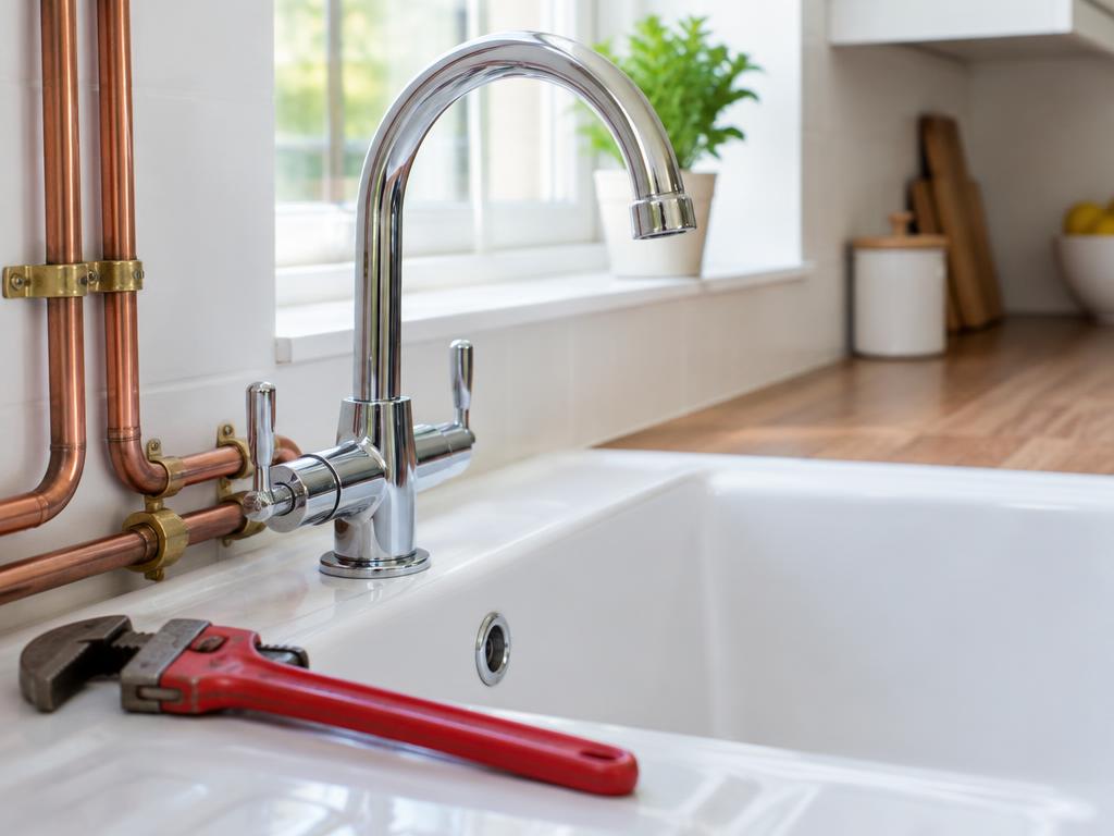 A chrome kitchen tap with copper pipework and a plumber's wrench