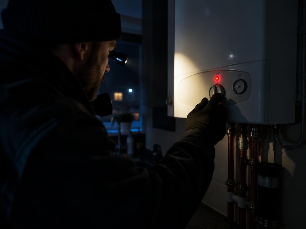 Plumber checking a boiler showing a fault in a dark kitchen