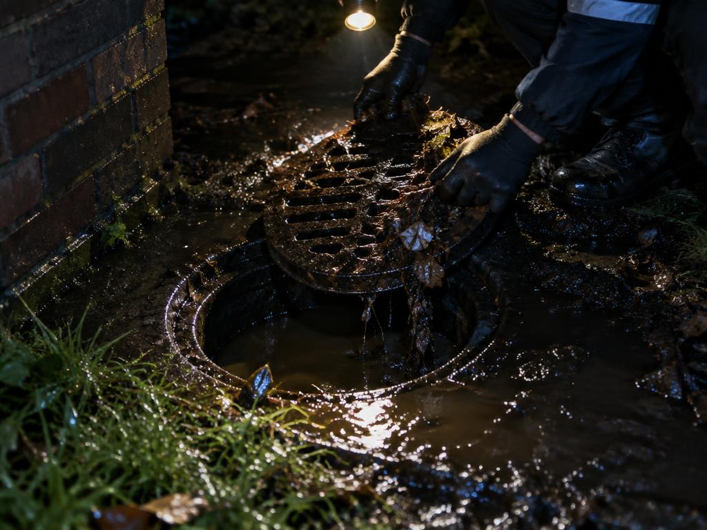 Gloved hands lifting the cover from a flooded outside drain