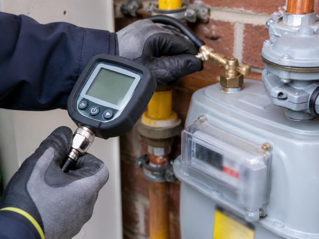 Engineer carrying out a gas safety check with a gauge
