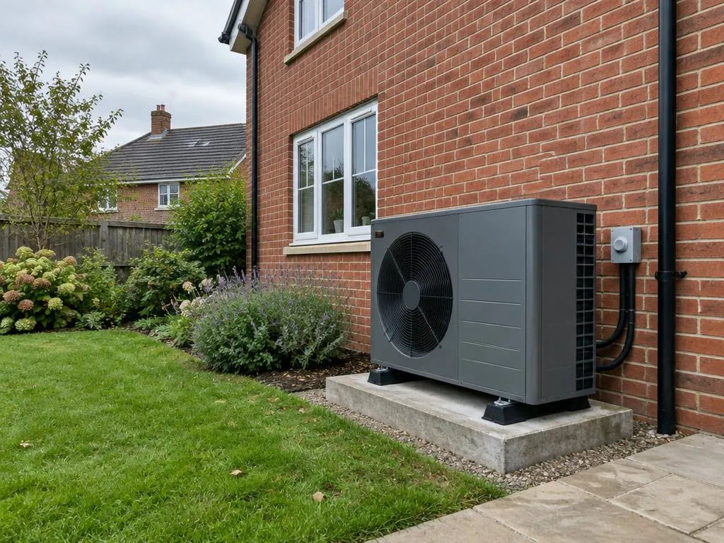 Air source heat pump installed outside a house, air source heat pumps in Hampshire
