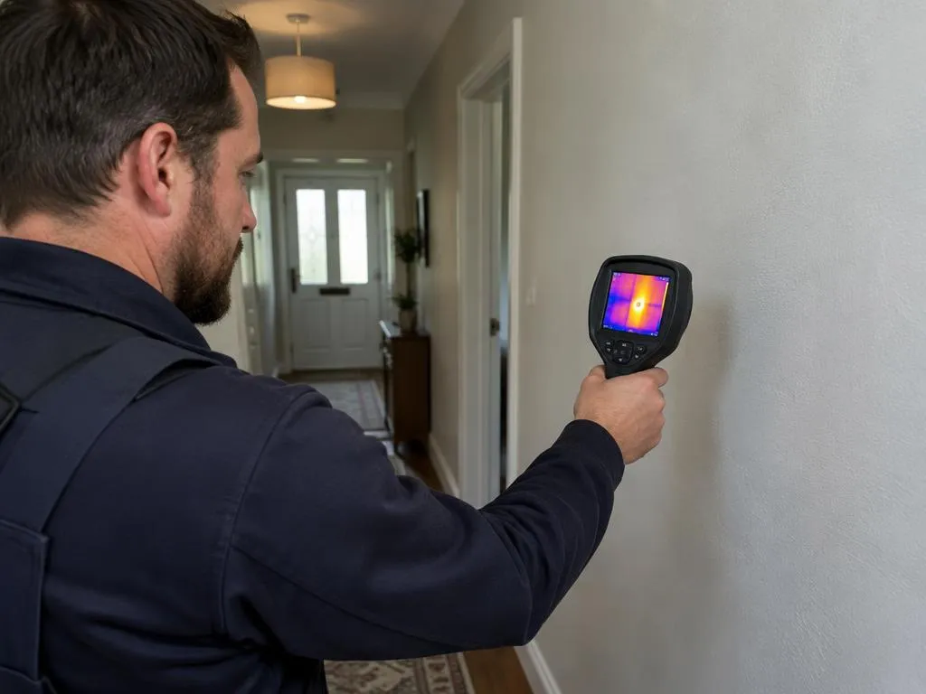 Engineer checking pipework with a detection tool, leak detection and repair in Hampshire