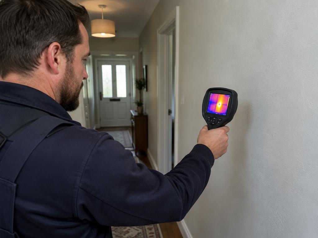 Engineer checking pipework with a detection tool