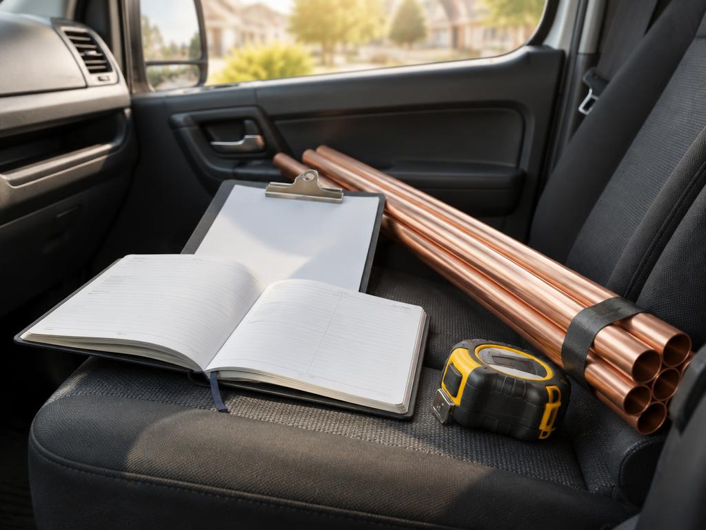 Open diary, clipboard, copper pipe and tape measure in a work van